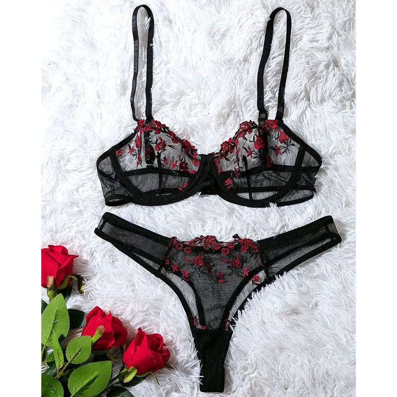 Woman 2 Pieces Daily Lingerie Floral Embroidery Underwear Transparent Lace Short Skin Care Kits Fairy Set