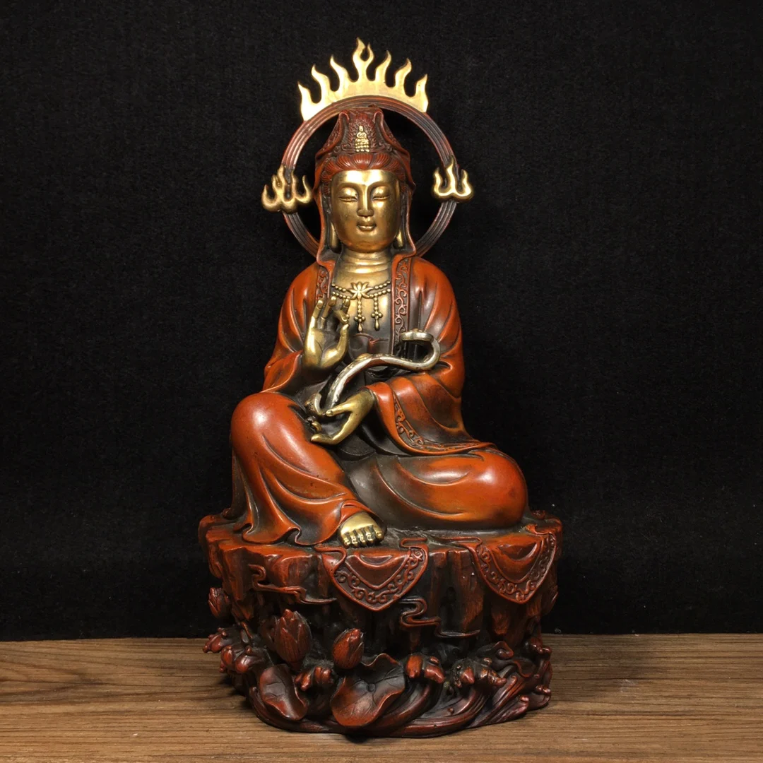 

12"Tibetan Temple Collection Old Bronze Gilded genuine gold Guanyin Bodhisattva Buddha Lotus Platform worship hall Town House