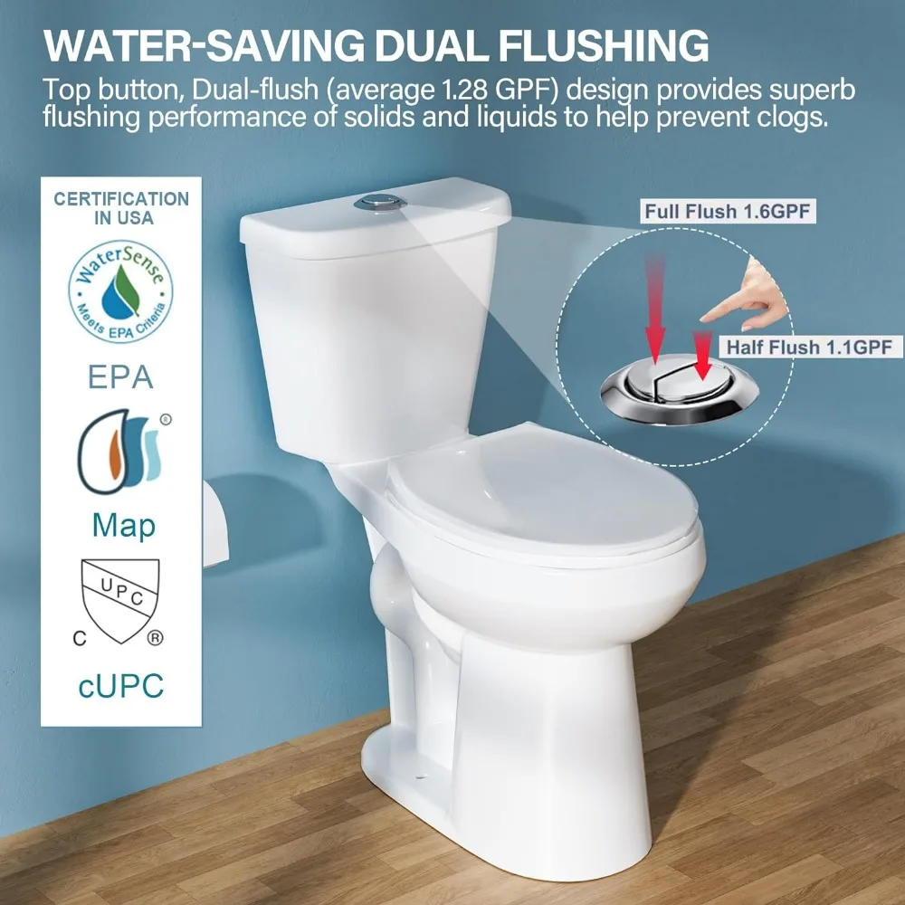 21" Tall Toilet for Seniors: Extra High, Modern White, Comfort Height, Power Flush, Two-Piece, Dual Flush 1.28 GPF, 12" Rough-In