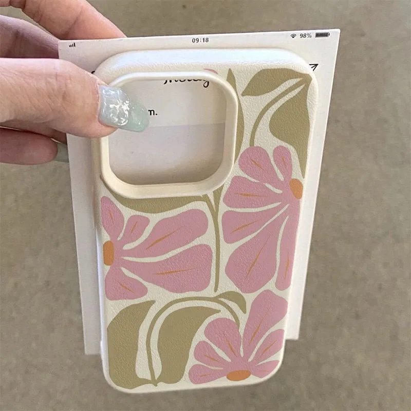 Charming Pink Floral Lychee Texture Soft Phone Cover