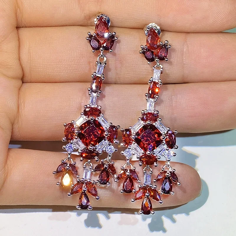 

100% 925 Sterling Silver Rubellite Earring Female Fine Aros Mujer Oreja Silver 925 Jewelry CN(Origin) Red Rubellite Drop Earring