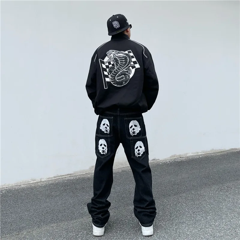 Wholesale Retro Multi Pocket Jeans Plus Size Loose Straight Trendy Brand Wide Leg Printed Black High Street Pants