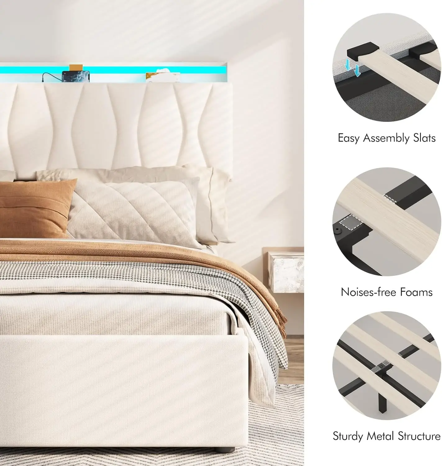 King Size Lift Up Storage Bed Frame, Height Adjustable Storage Headboard with Charging Station, LED Lights Upholstered Platform 5
