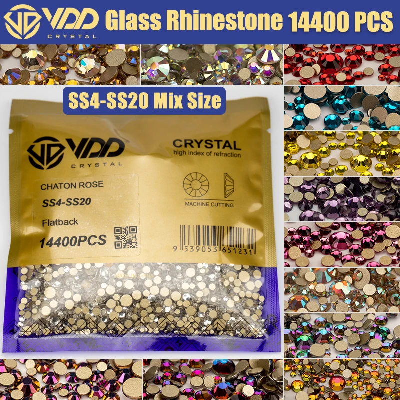 VDD 14400Pcs Wholesale SS4-SS20 Mix Size Glass Rhinestones Crystal Non  HotFix Gold FlatBack Stones For DIY Nail Art Accessories
