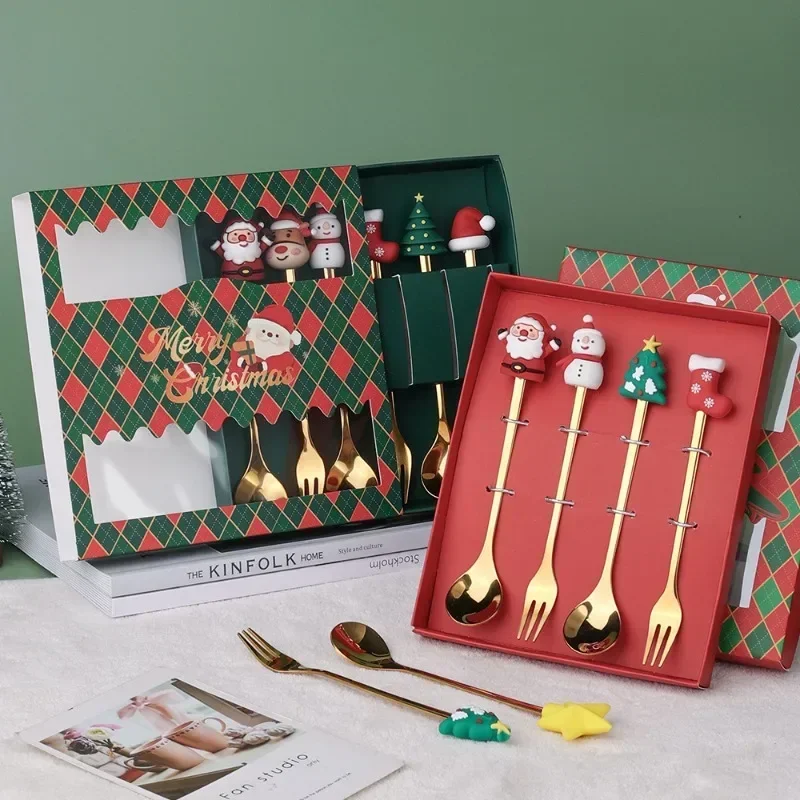 4PCS/6PCS Christmas Gift Elk Christmas Tree Dessert Spoon Cutlery Spoon Fork Set Fruit Fork Coffee Cutlery Gift