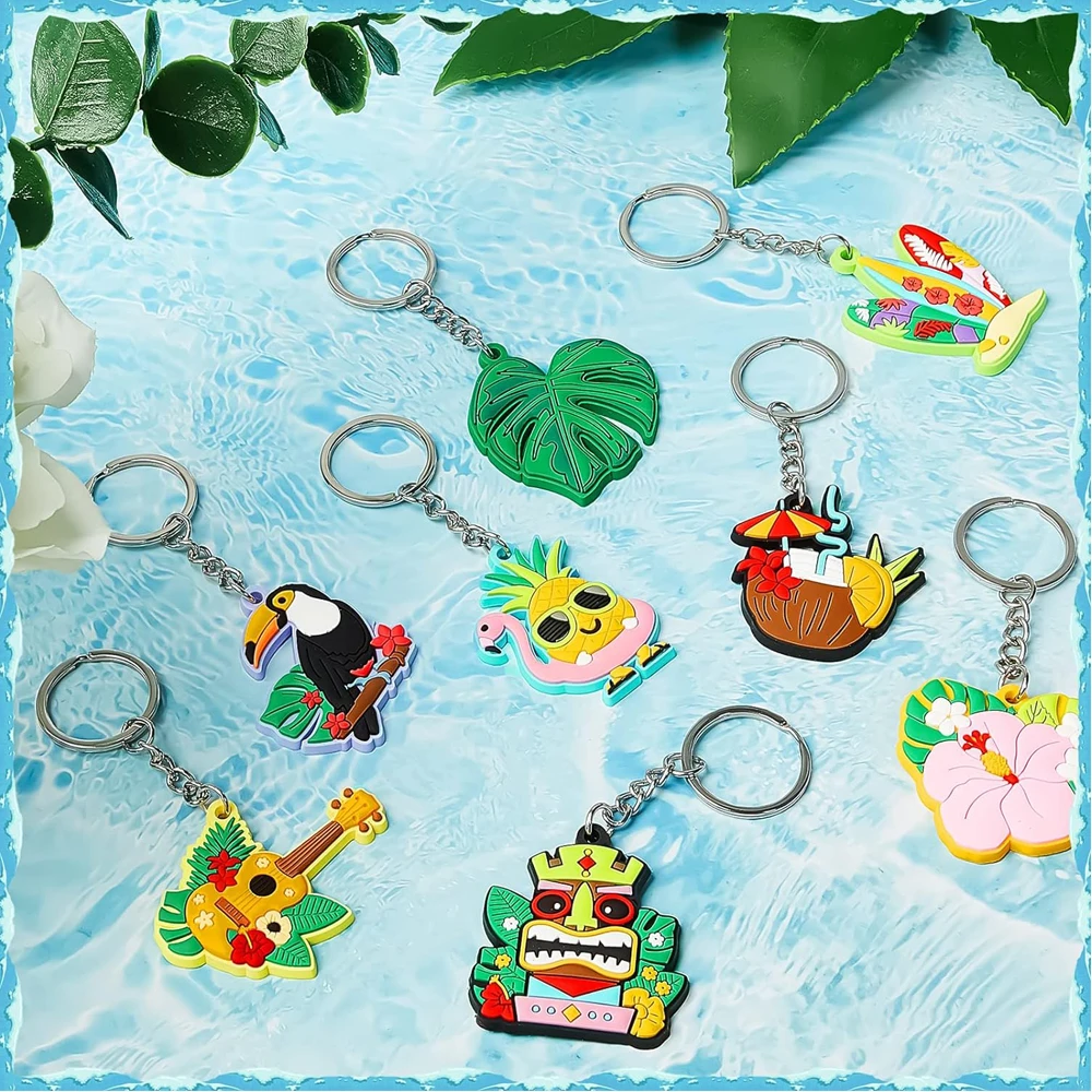Hawaiian Keychains Summer Flamingo Pineapple Tropical Surfboard Keychains Aloha Summer Beach Pool Party Holiday Gift Supplies 24