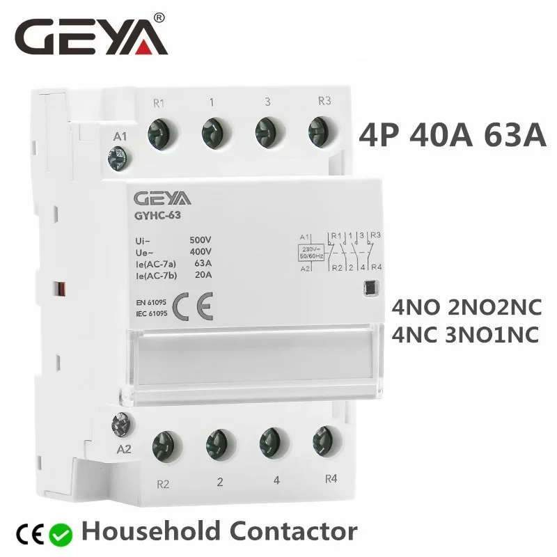 GEYA Din Rail AC Contactor 4P 40A 63A 4NO 4NC 2NO2NC 3NO1NC House Use or For Charging Pile Contactor Good Quality