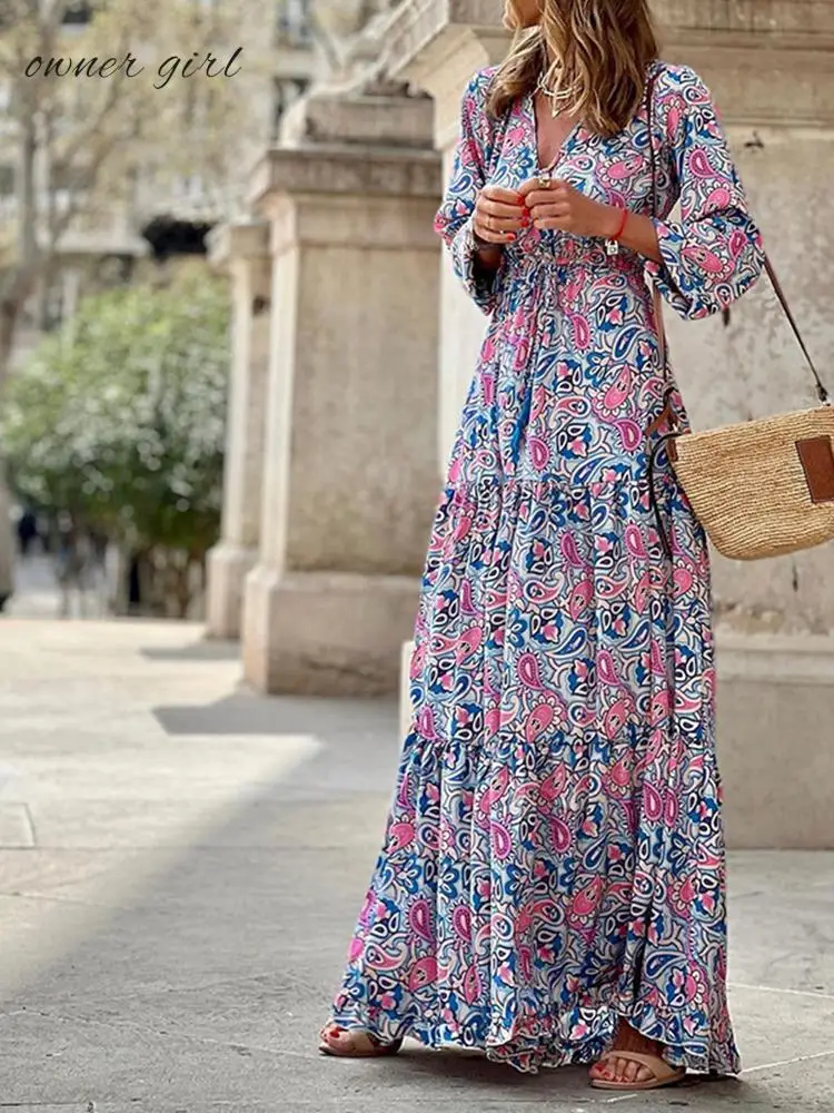 Vintage V Neck Print Tunic For Women Summer Autumn Loose Casual Long Sleeve Boho Dress Flowy Beach Women's Robe - Dresses AliExpress