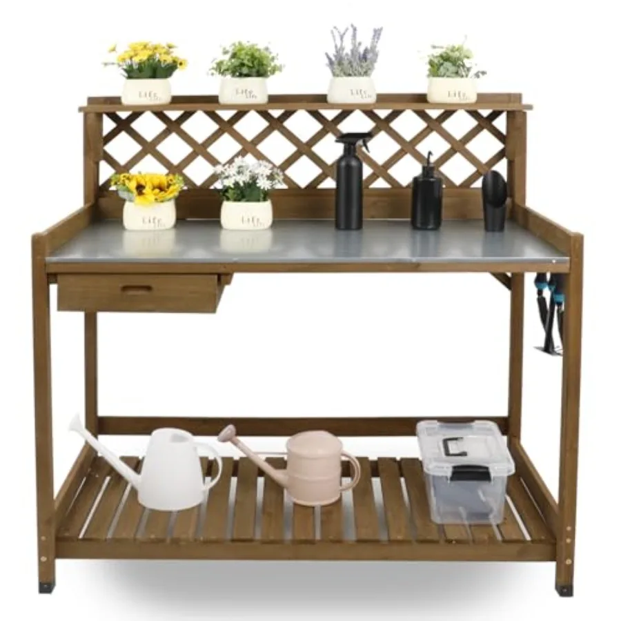 Garden Potting Benches Tables, Outdoor Wooden Work Station W/Metal Table Top, Drawer, Large Bottom Shelf, Wood