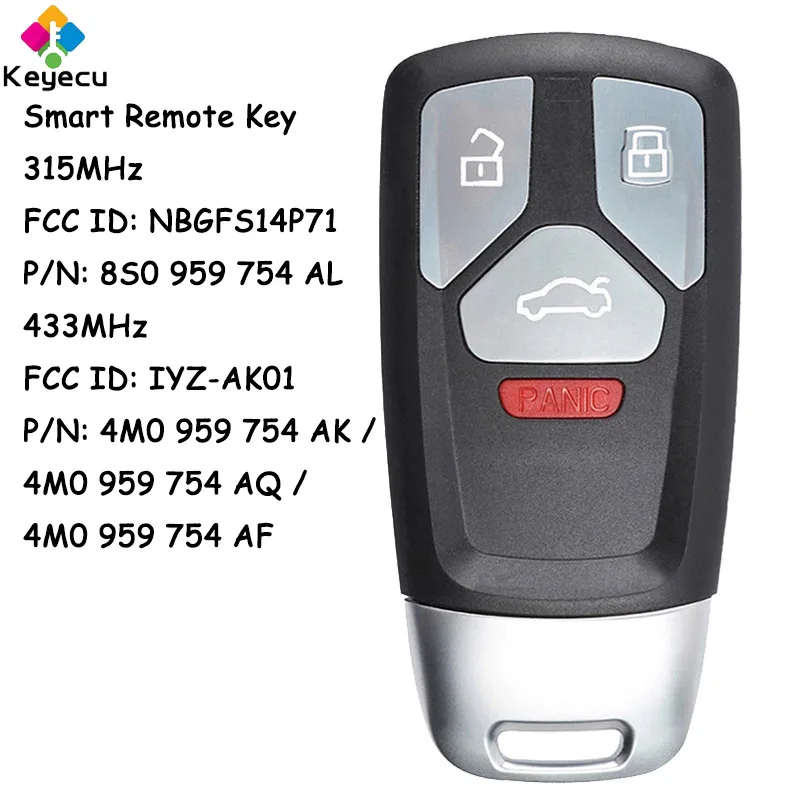 

KEYECU Smart Remote Car Key With 4 Buttons for Audi A3 R8 TT 2017 2018 2019 2020 2021 Fob 4M0 959 754 AK/ AQ/ AF, 8S0 959 754 AL