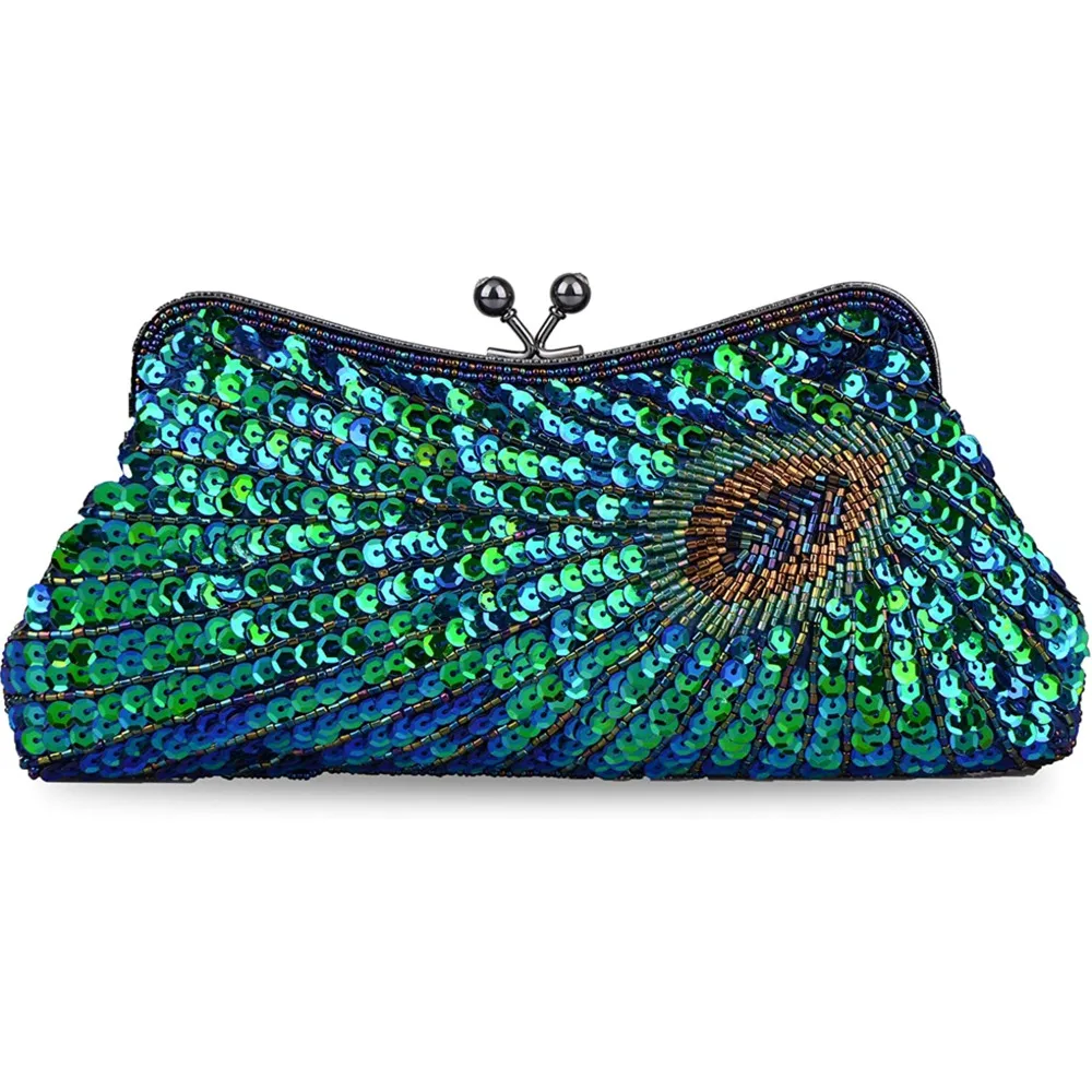 

Vintage Evening Bag Clutch Purse for Women Sequin Bridal Chain Shoulder Bag for Wedding Party（Peacock blue）