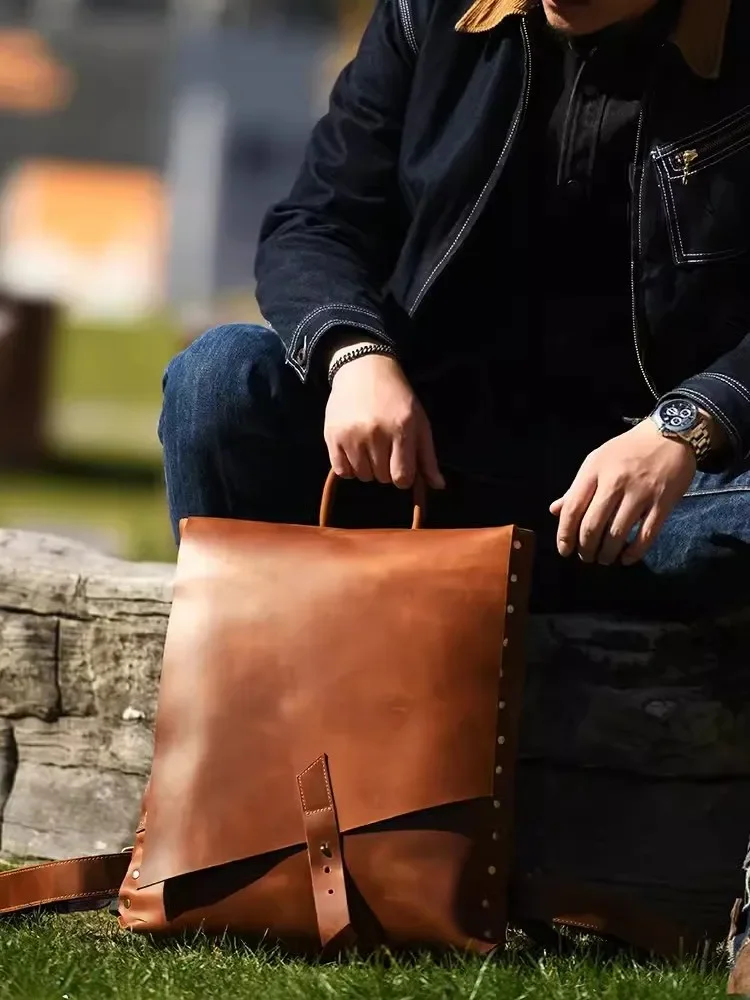 

Рюкзак мужской ручной работы из натуральной воловьей кожи, деловой ранец в стиле преппи, школьный ранец для подростков, уличная дорожная сумка