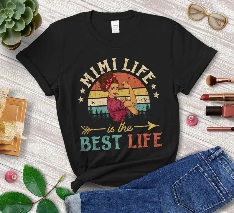 

Mimi Life Is The Best Life Shirt For Women Funny Vintage Grandma Birthday Mother's Gift cotton Short Sleeve Tees O Neck Female