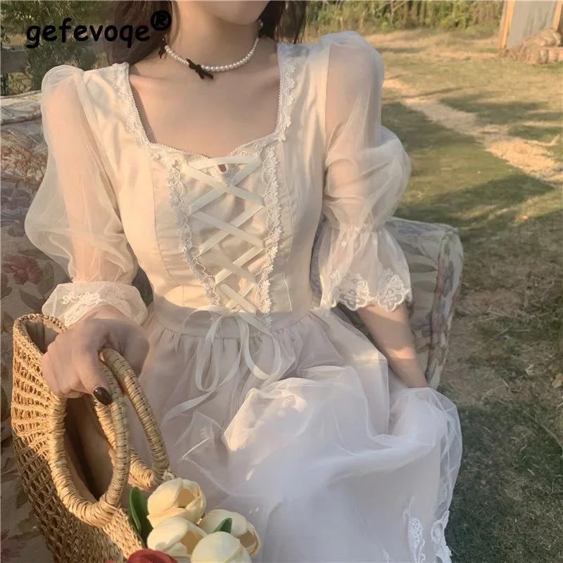 

Summer Vintage French Style White Lace Lolita Fairy Elegant Dresses for Women Casual Square Collar Slim Midi Dress Vestidos L81