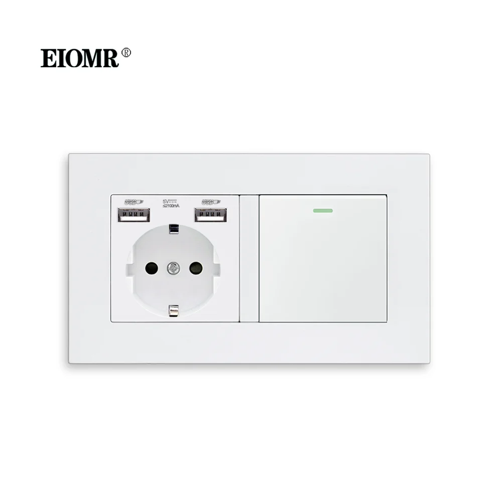 Eiomr-eu Tomada de Alimentação Padrão Interruptor de Luz Branca Painel Quadro Duplo Parede Incorporado Usb Tomada Pop Gang Way Way 16a