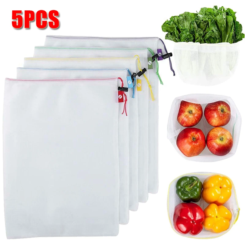 5pcs Fruit Vegetable Storage Bags Washable Reusable Net Mesh Bags Kitchen Food Organizer Toys Grocery Storage Packaging Bag