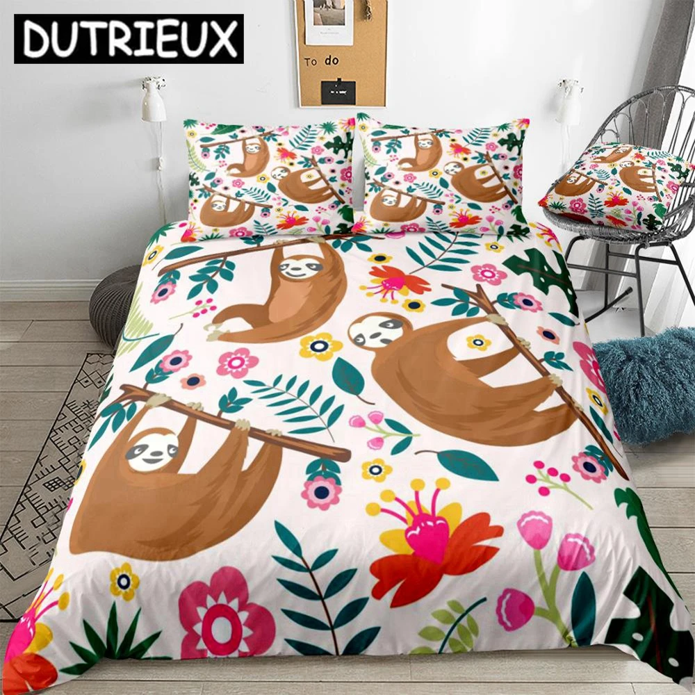 

Slothes Bedding Set Animal Duvet Cover Set Flowers Sloth Quilt Cover 3pcs Leaves Bedclothes Kids Home Textiles Animal Bed Linen