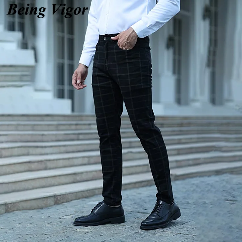 

Being Vigor Mens Skinny Pantalones Tapered Slim Fit Chino Pants Men's Black Trousers Business Leisure Plaid Long Pants штаны муж