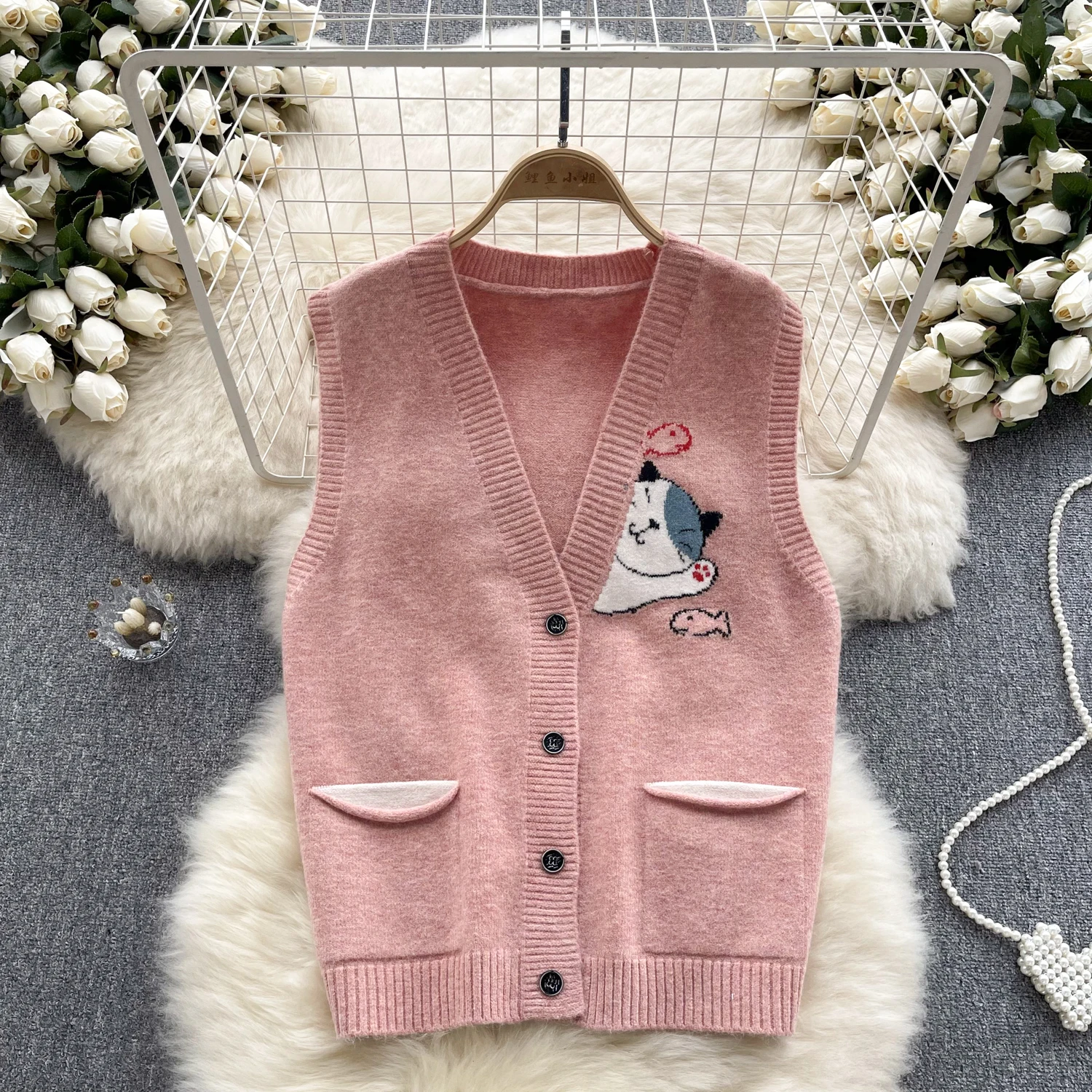 

Sleeveless Sweaters Women Sweet Cat Sweater Loose Cute Cat Sweater Vest