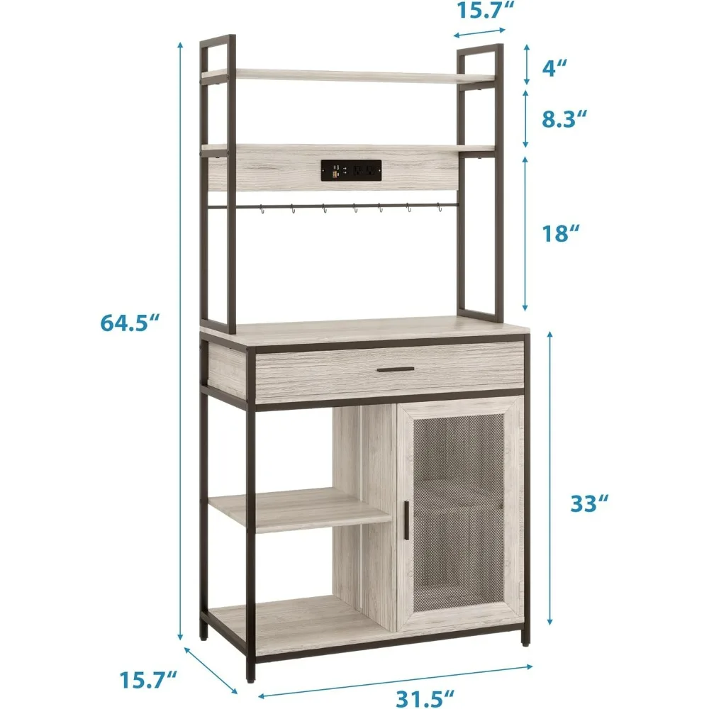 5-Tier Bakers Rack with Power Outlet, Kitchen Bakers Rack with Storage and Lights, Coffee Bar Table,Microwave Stand with 8 Hooks 2
