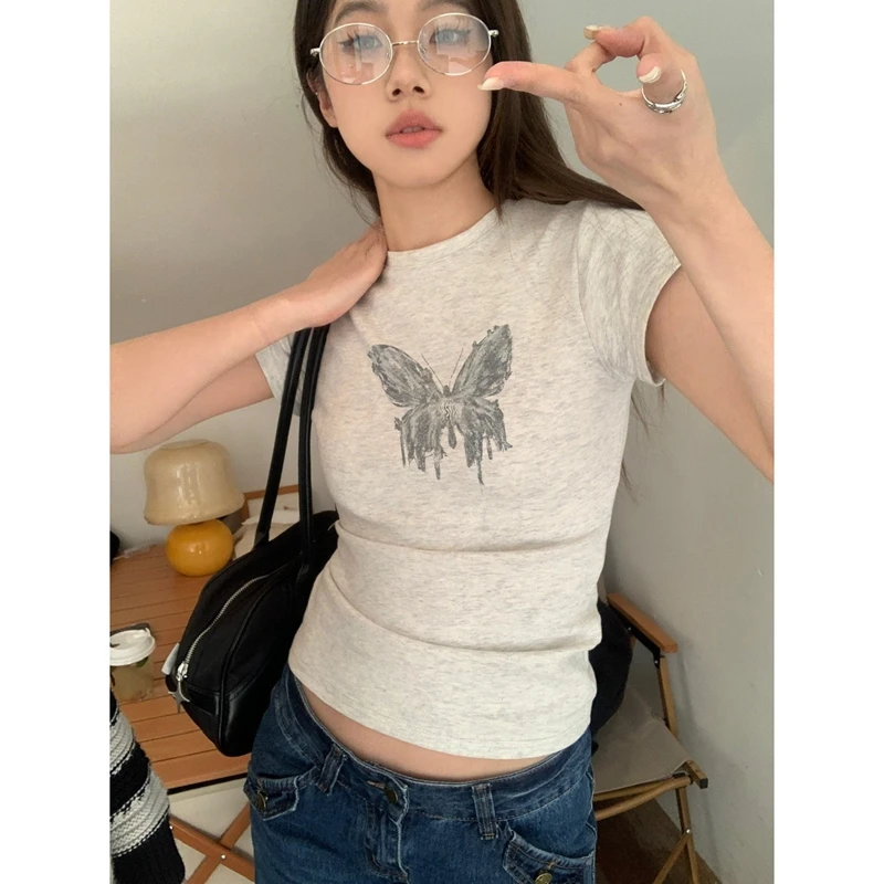 

Retro Spicy Girl Butterfly Print Off Shoulder Short Sleeve T-shirt
