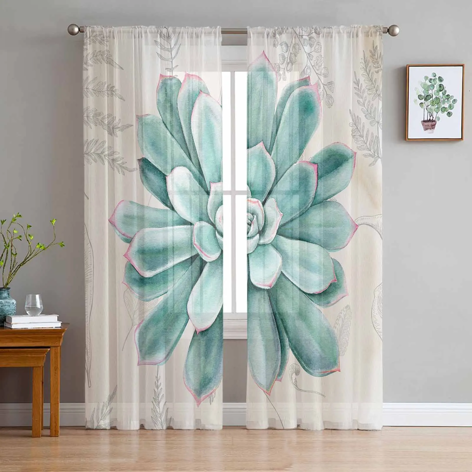 

Retro Succulent Plants Sheer Curtains for Kids Bedroom Living Room Voile Window Curtains Tulle Drapes