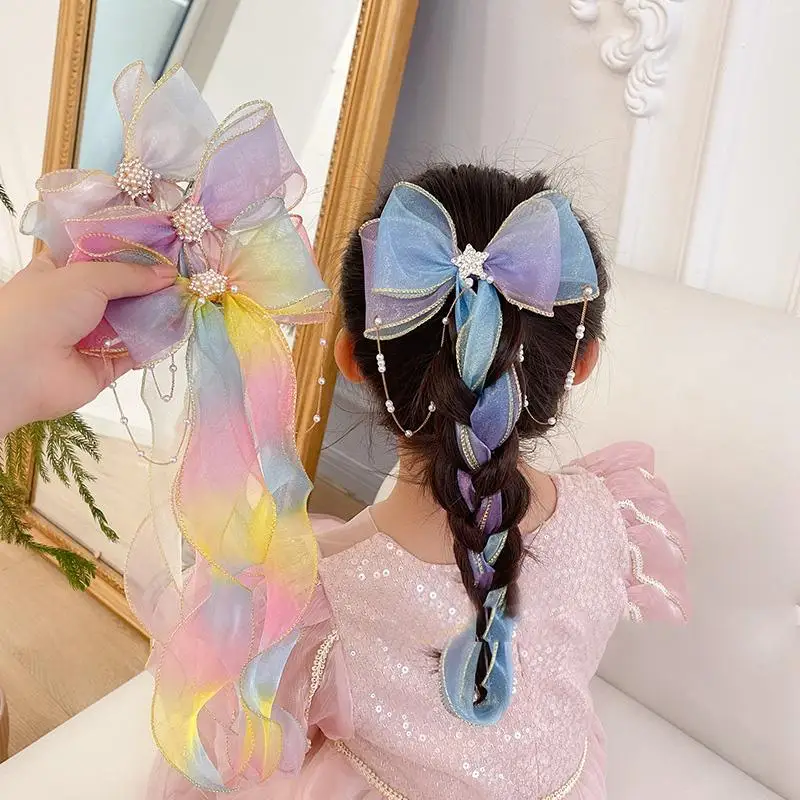 Perlenketten-Haarschleifen für Mädchen mit Netzstreifen, Schleifenknoten, Quasten, Pferdeschwanz-Clips, Farbverlauf-Flechtspangen, Haarschmuck
