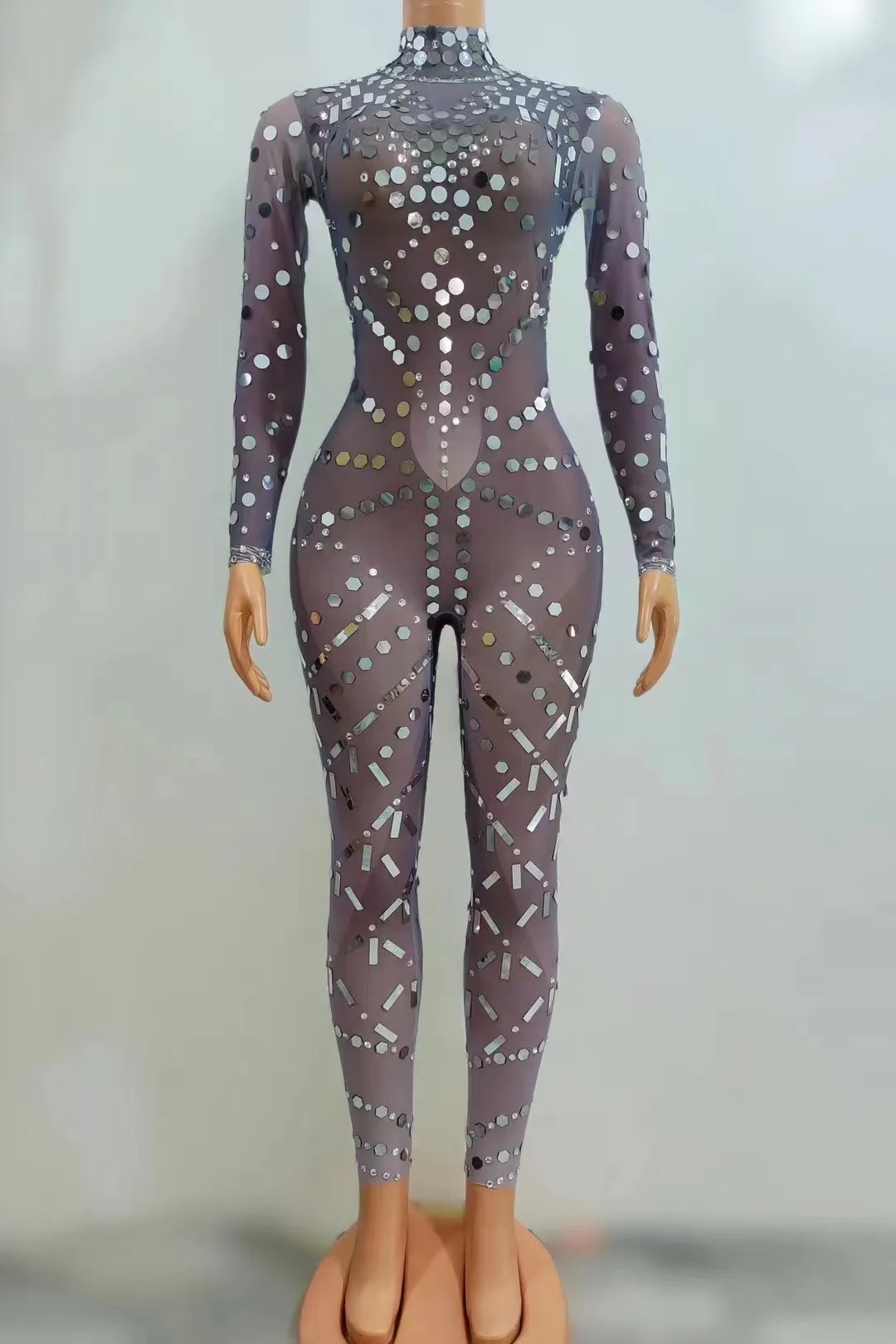 

Women Sexy Sheer Elastic Tight Super Flash Geometric Sequin Jumpsuit Bar Nightclub Female Singer Dancer Stage Performance Dress