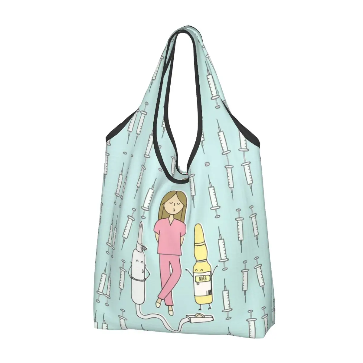 

Cartoon Ladies Nurse Doctor Printed Groceries Shopping Bag Custom Shopper Tote Shoulder Bag Big Capacity Portable Handbag