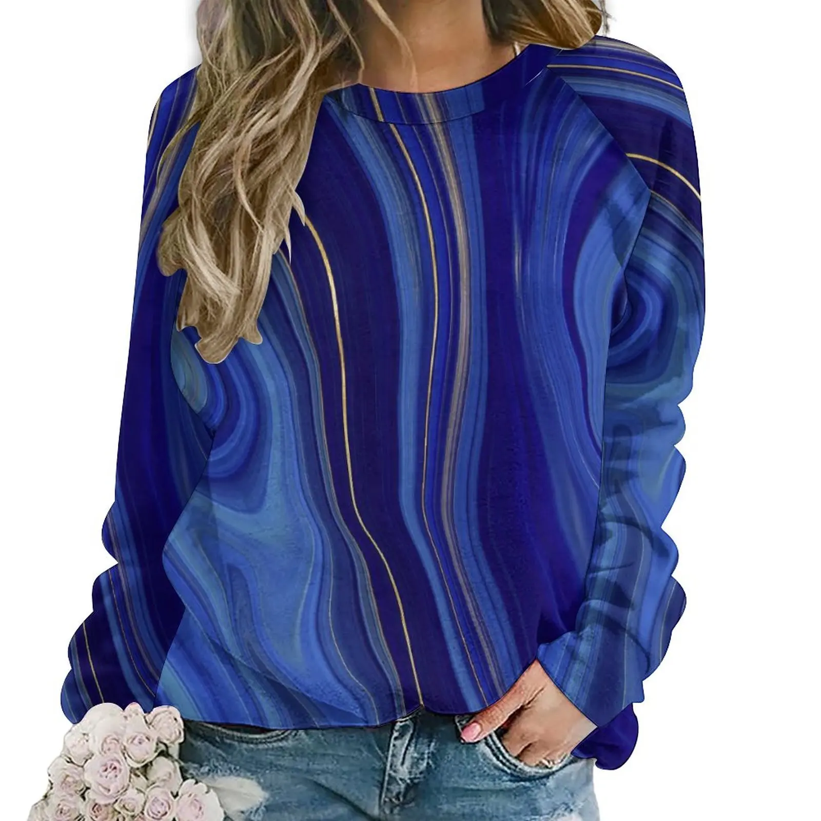

Abstract Marble Hoodies Women Blue Liquid Street Style Casual Hoodie Long Sleeve Trendy Design Tops Big Size 2XL 3XL