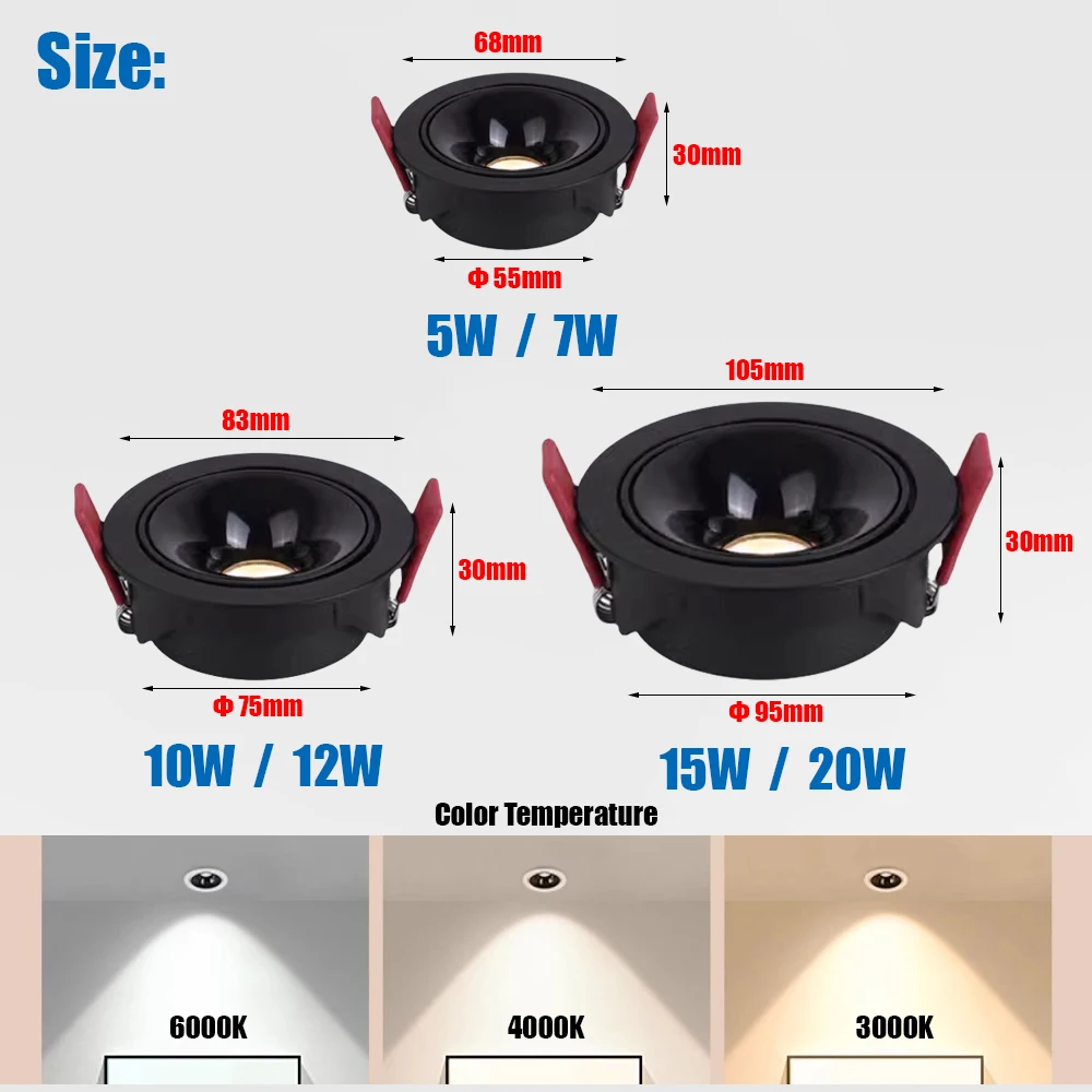Ultra-Thin Embedded Dimmable COB LED Downlights 5W 7W 10W 12W 15W 20W Anti Glare LED Ceiling Lights AC85~265V Indoor Lighting