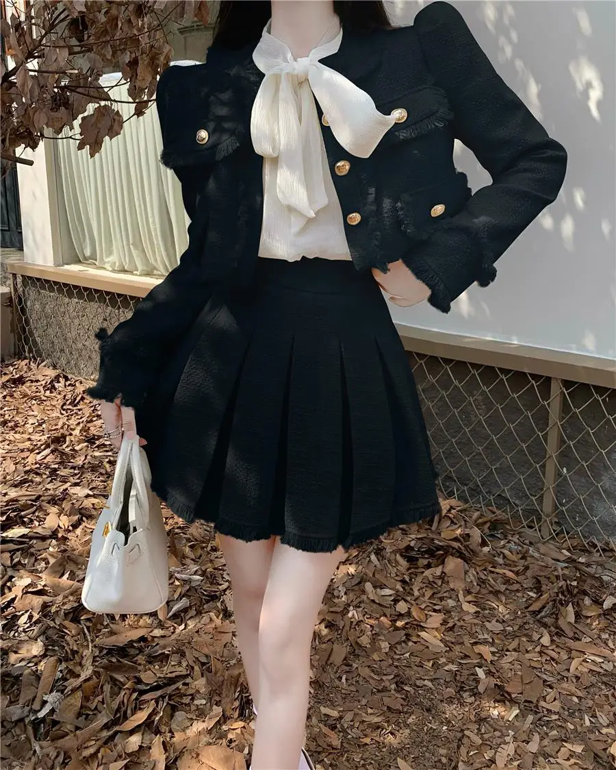 Autumn New French Vintage Tweed Two-Piece Skirt Set Women Short Jacket Coat + Pleated Mini Skirt Suits Korean Luxury Outfits