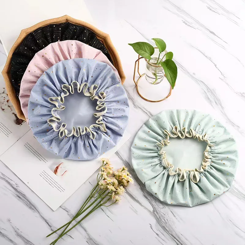 

Waterproof Double Layer Shower Cap for Women, Bath Hair Set, Hot gilt Terylene Printed, PEVA, Adult