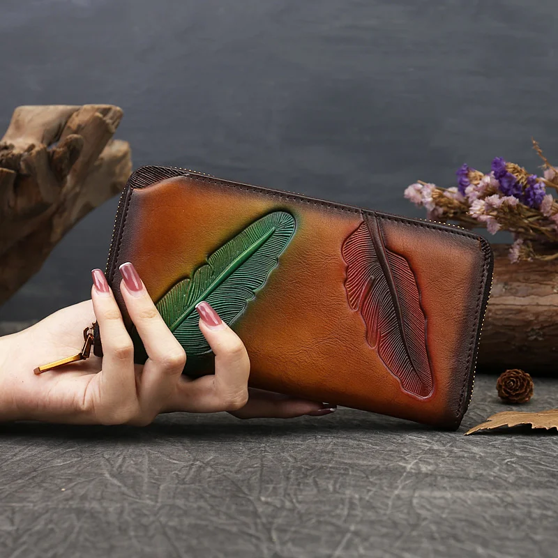 

new flowers and plants embossed long leather wallet hand bag women's head leather