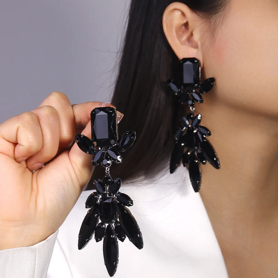 Oversize Black Crystal Statement Earrings for Women