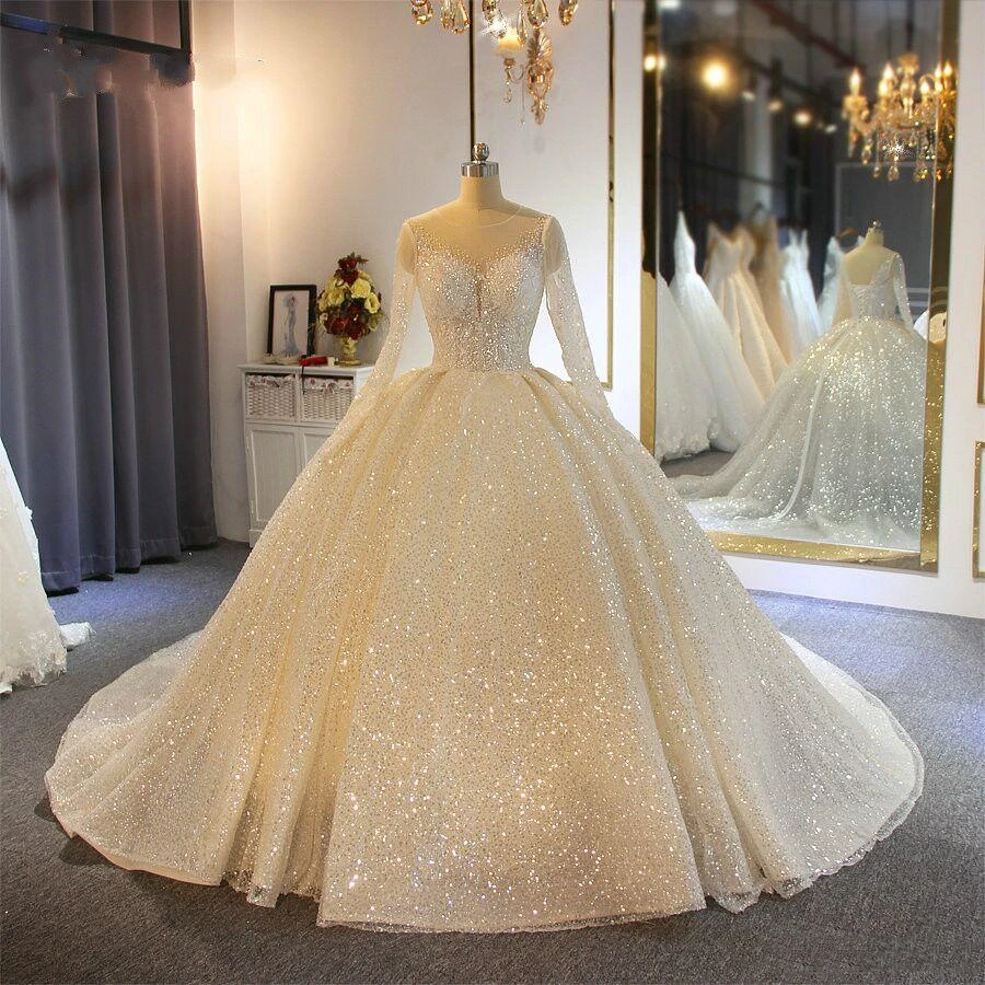 Sparkling Ball Gown Wedding Dress For Bride 2022 Sheer Jewel Neck Sequins Long Sleeves Bridal Dresses Tailor Maid Robe De mariée |