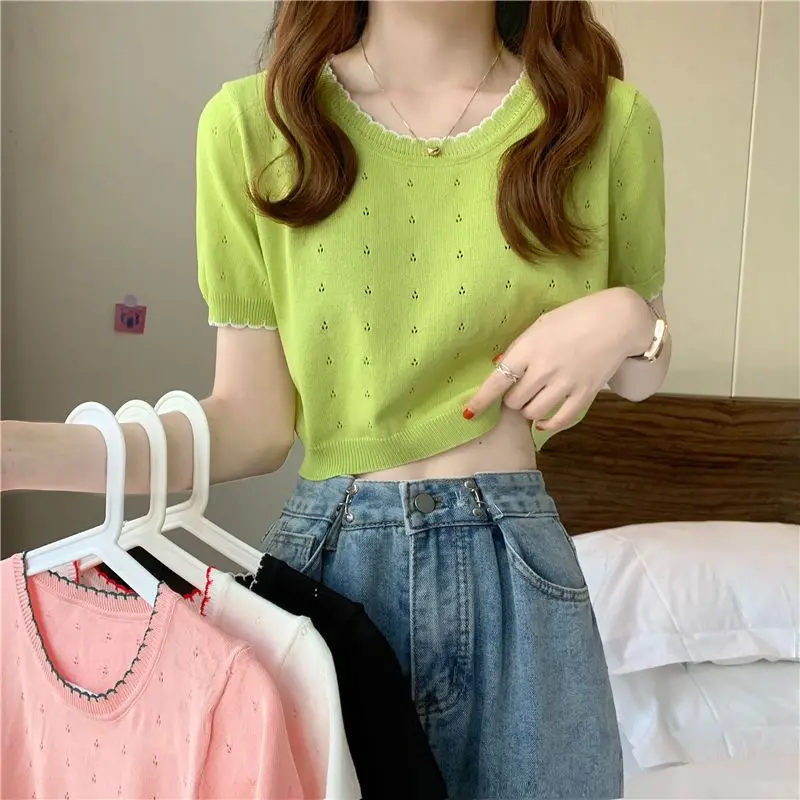 

Женская трикотажная футболка с коротким рукавом, Новинка лета 2023, дизайнерская нишевая тонкая одежда, милая одежда Ins