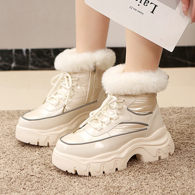 

Fashion Winter Women's Chunky Platform Waterproof Snow Boots Plush Thick Bottom Non-Slip Cotton Lace Up Heighten Platform Shoes