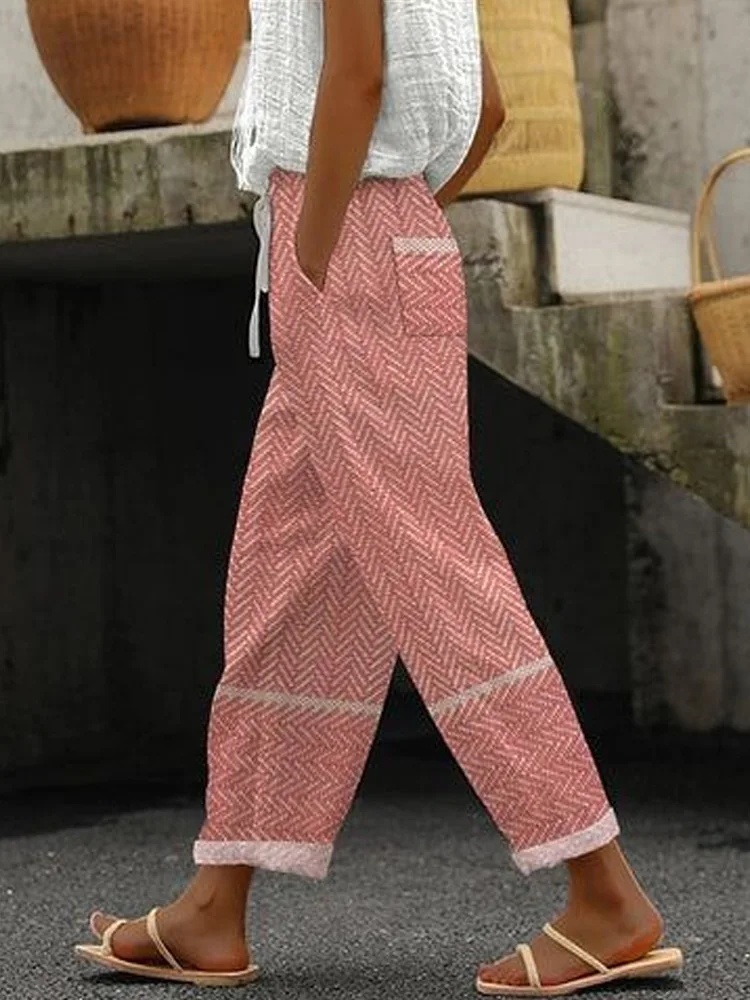 2025 New Women's Trousers Vertical Striped Drawstring Elastic Waist Pocket Fashion Street Versatile Casual Pants