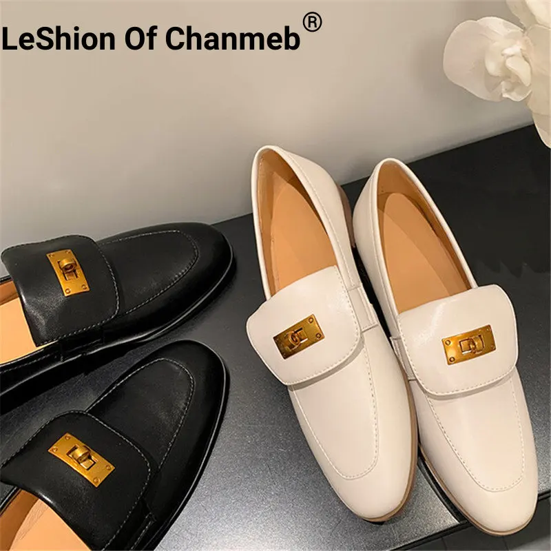 

LeShion Of Chanmeb High Quality Sheepskin Loafers Women's Soft Comfort Brand Designer Metal Lock Slip-on Flat Shoes Ladies 33-41