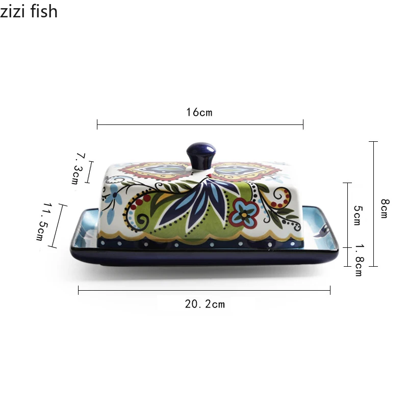 Ceramic Butter Plate with Lid Creative Hand-painted Pattern Butter Box Dim Sum Plate Cheese Household Specialty Tableware
