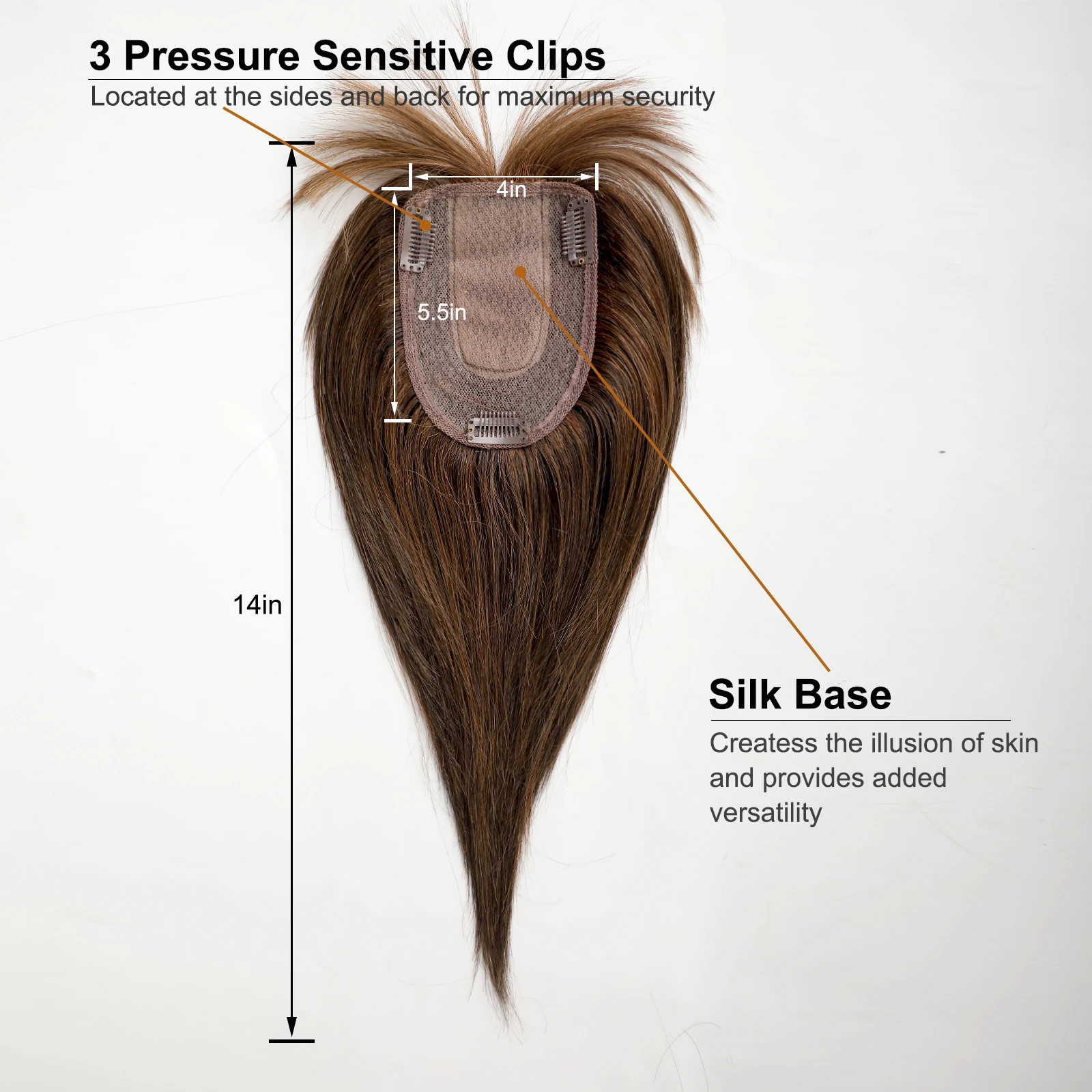 100% Brown Remy Human Hair Toppers Wigs with Bangs Silk Base Clip in Topper Top Hairs in Hair Extension for Women 10/12/14inch