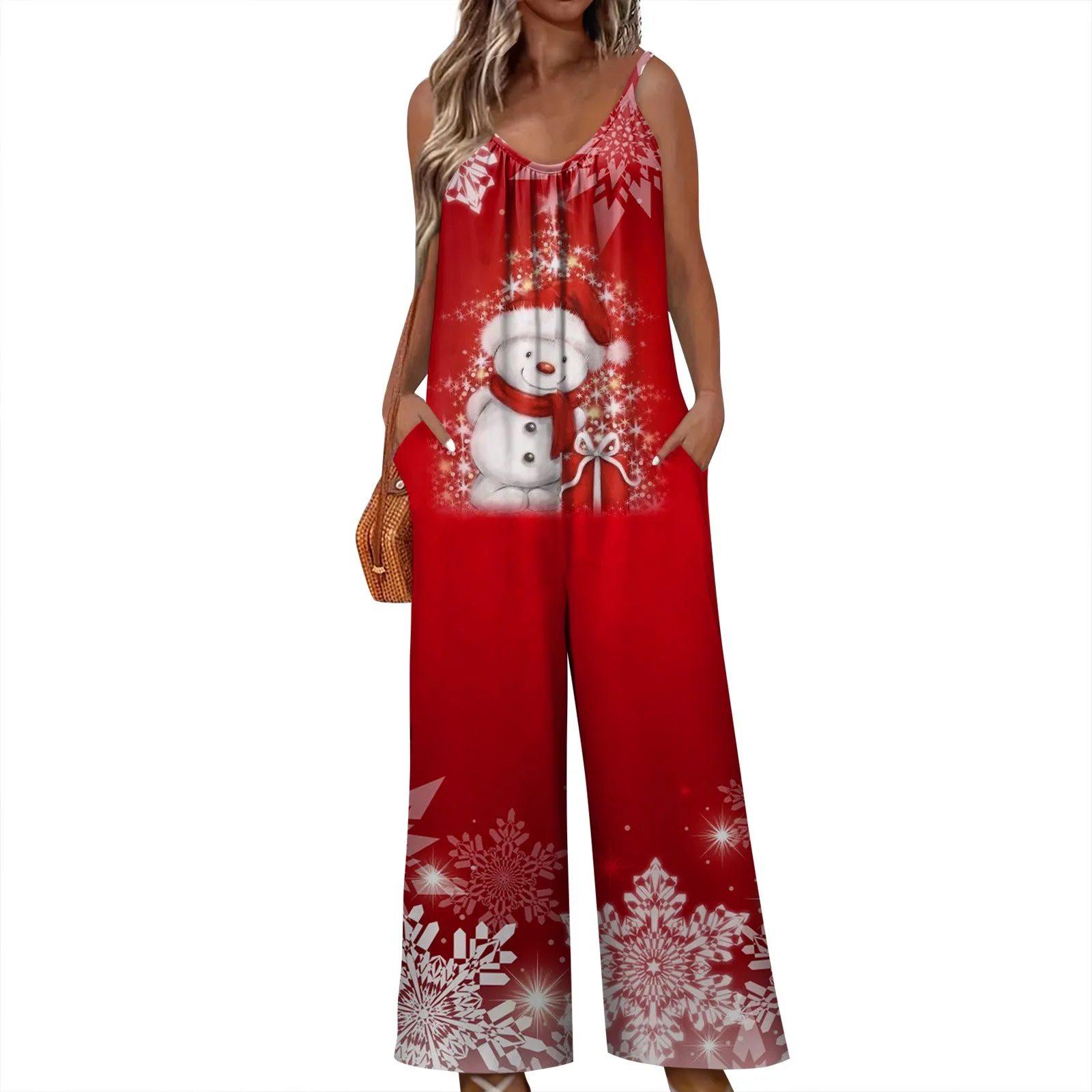 

2023 Plus Size 3xl Casual Loose Jumpsuit Women Christmas Printed Straps Wide Leg Oversized Jumpsuits Romper Ropa De Mujer