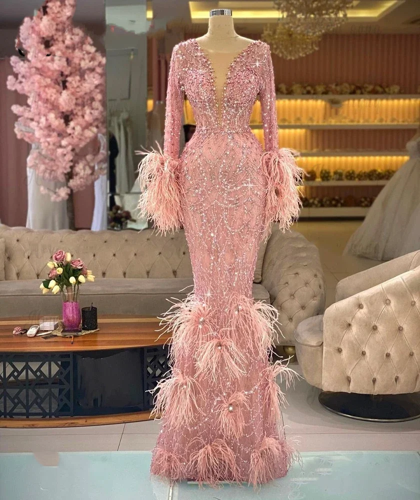

Luxury Pink Feather Mermaid Evening Dresses Plunging Neck Long Sleeves Prom Gowns For Wedding Party Dubai Formal Robes De Soirée