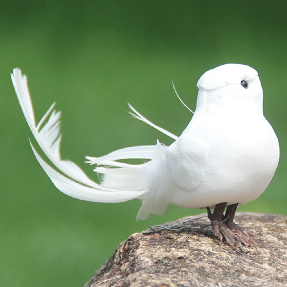2Pcs Artificial Birds Decorative White Pigeon Ornament with Metal Wire Feather Bird Decoration for Wedding Holiday