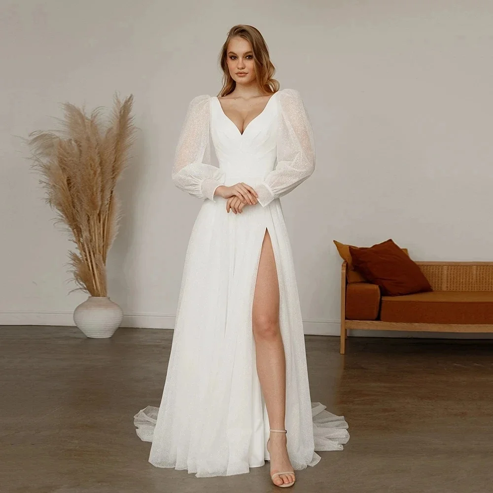 

Fall In Love Custom V-Neck Vestidos De Novia 2024 Simple Wedding Dress Puffy Long Sleeves A-Line Tulle Floor-Length Bridal Gown