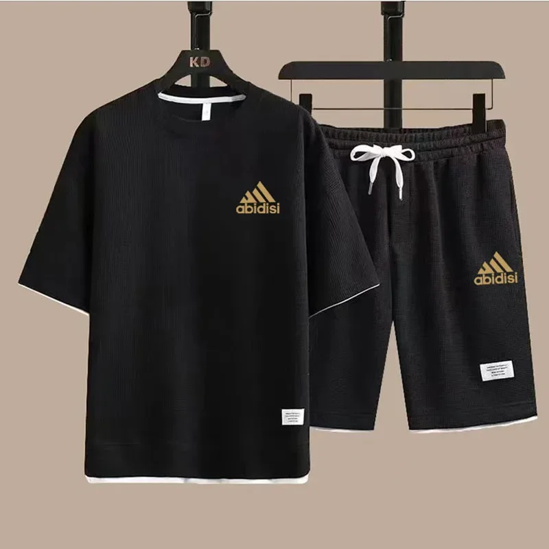 Classic fashion casual waffle T-shirt Short sleeve + Shorts 2 sets men's sportswear short sleeve sportswear