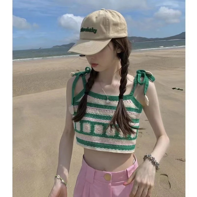 

Holiday style striped knitted suspender for women's loose and versatile ethnic style hollowed out sleeveless top short tank top