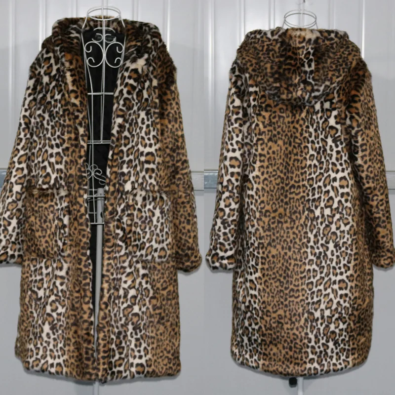 Leopard Faux Fur Coat Long Women New Winter Fluffy Jacket Hooded Mink Coat Female Thickened Fur Plush Coat Warm Long Sleeves