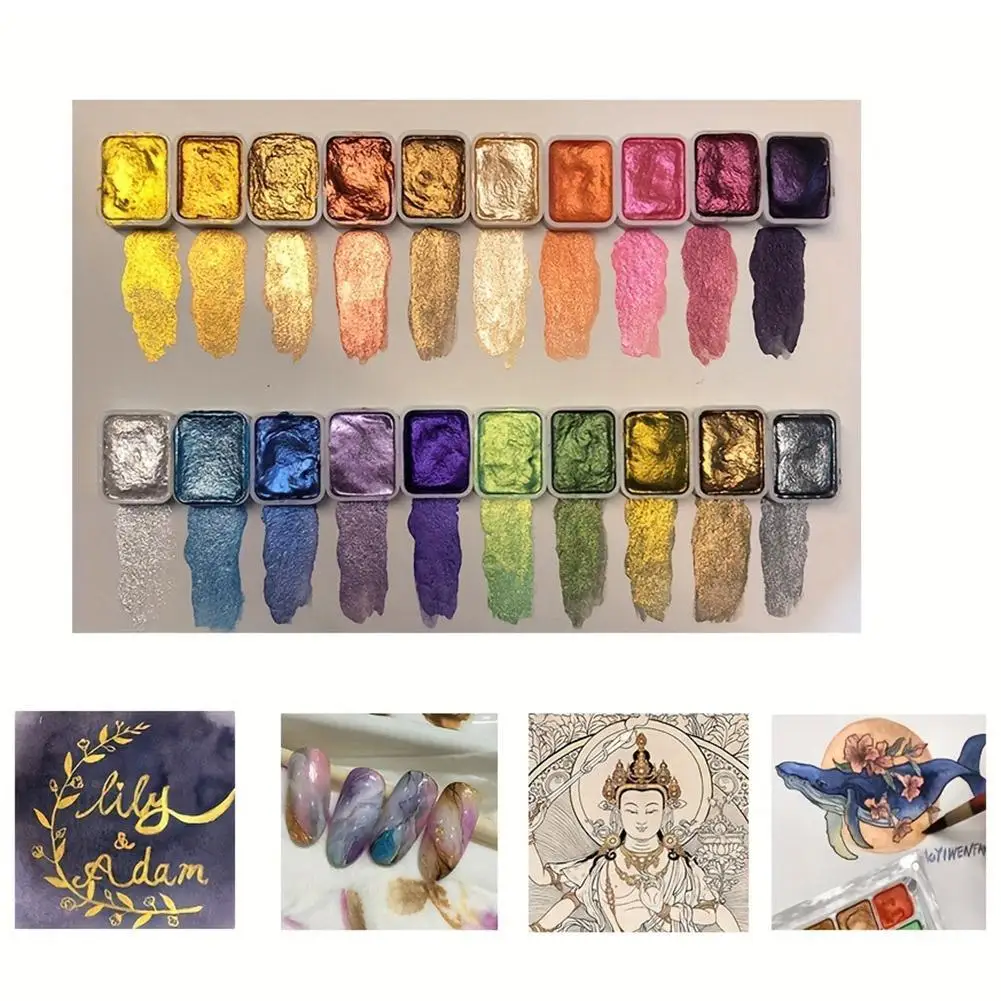 Set di pittura ad acquerello in metallo da 20 colori: scatola portatile incorporata con acquerelli solidi di perle scintillanti e materiali artistici completi 3